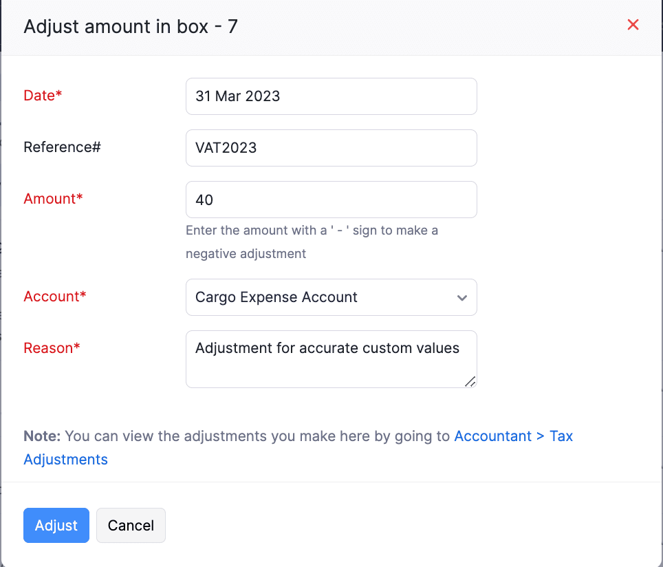 Add Adjustment Pop-up