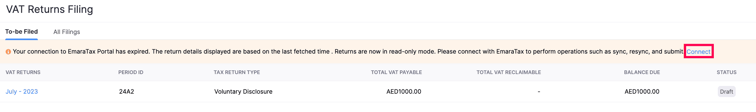 Reconnect from VAT Return Filing Page