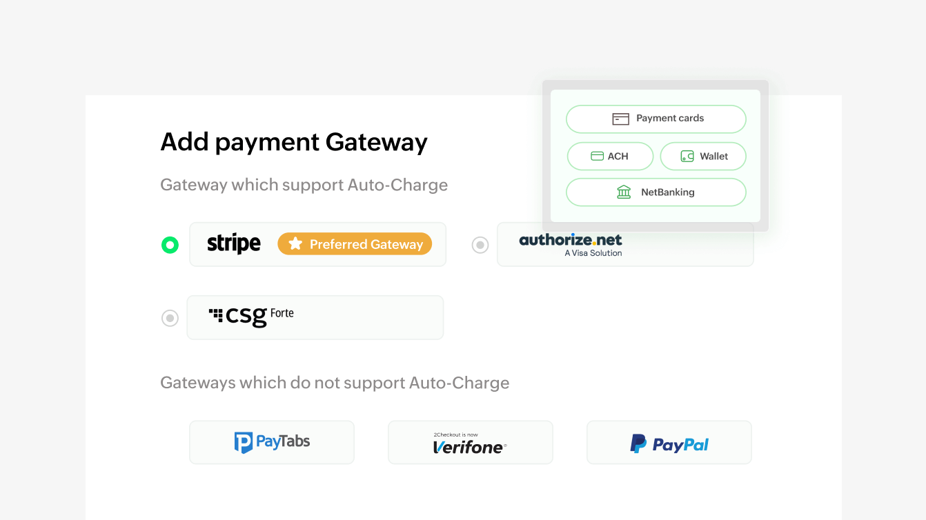 Preview of multiple payment gateways supported within Zoho Billing | Zoho Billing Preview of multiple payment gateways supported within Zoho Billing | Zoho Billing