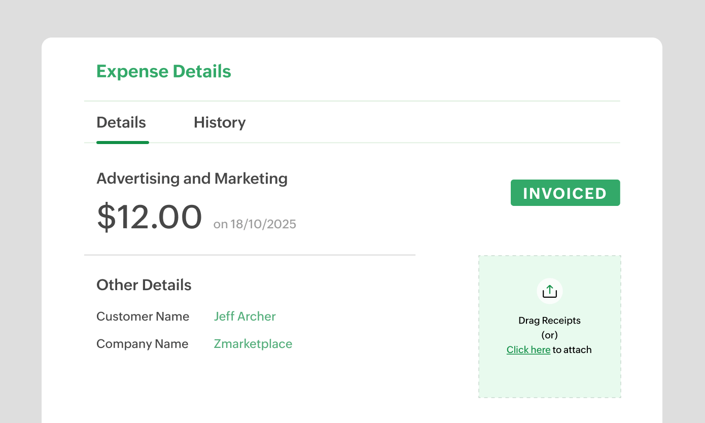 Preview of expense management within Zoho Billing | Zoho Billing