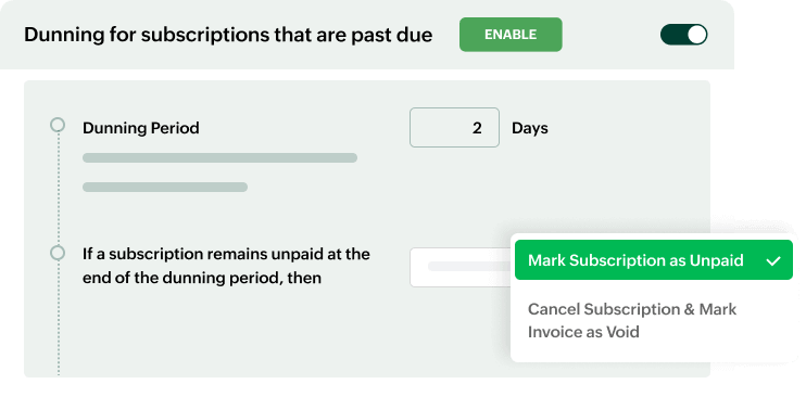 Image displaying user configuring dunning outcome | Zoho Billing