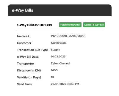 Generate e-Way Bills instantly with attached invoices and required details for compliance | Zoho Billing