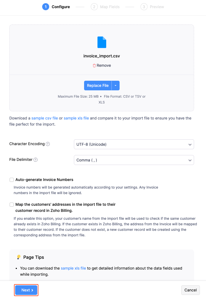 Click Next to Map Fields