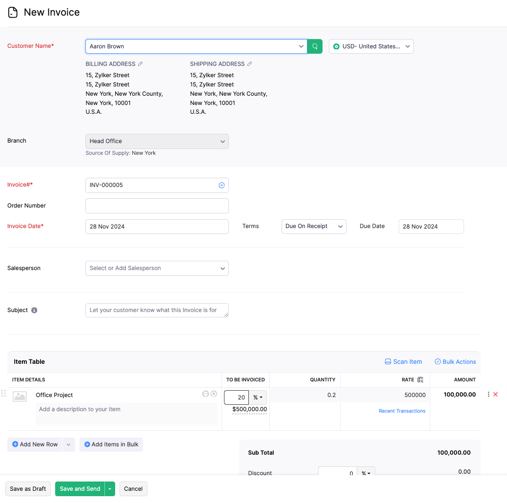 Save Invoice with Custom Amount