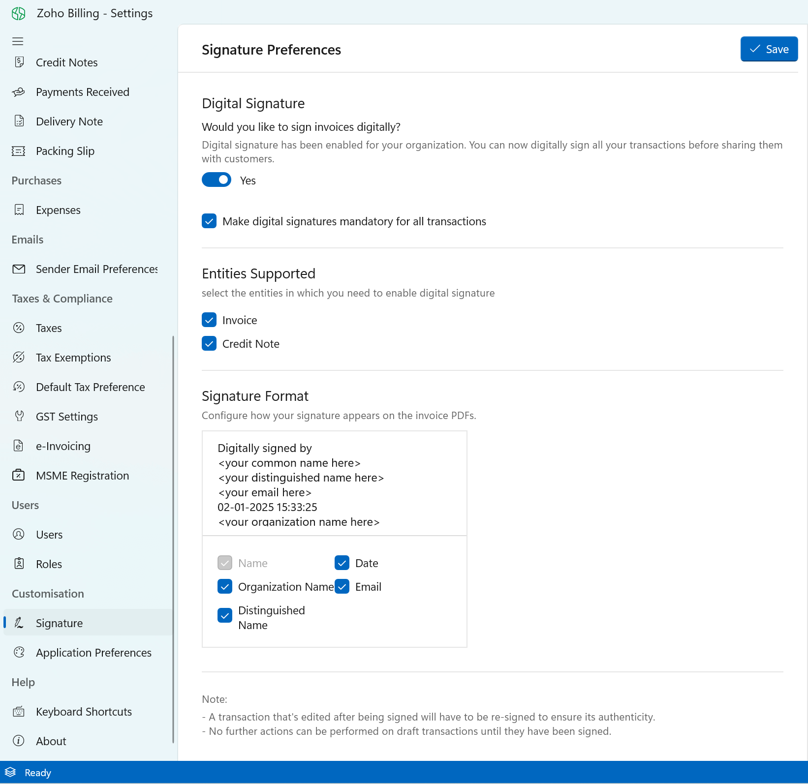 Signature Preferences
