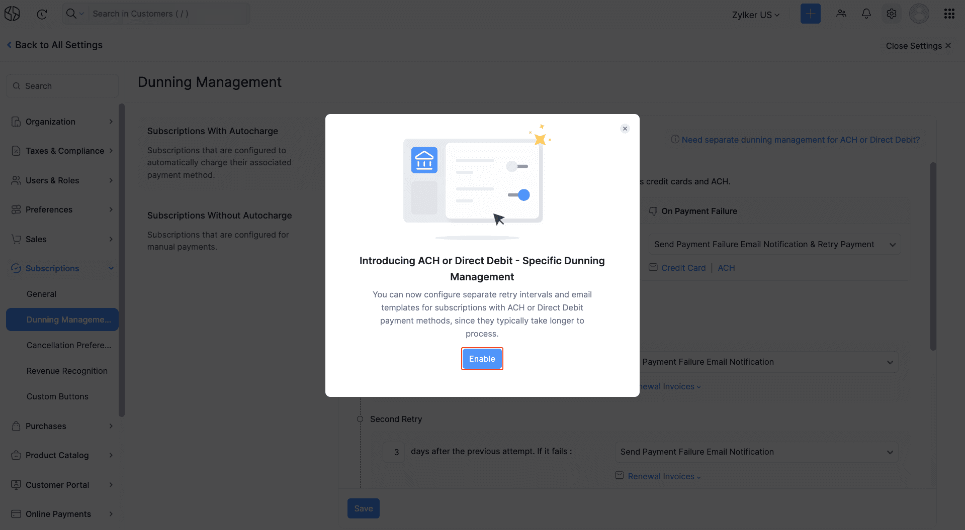 Enable Separate Dunning Management