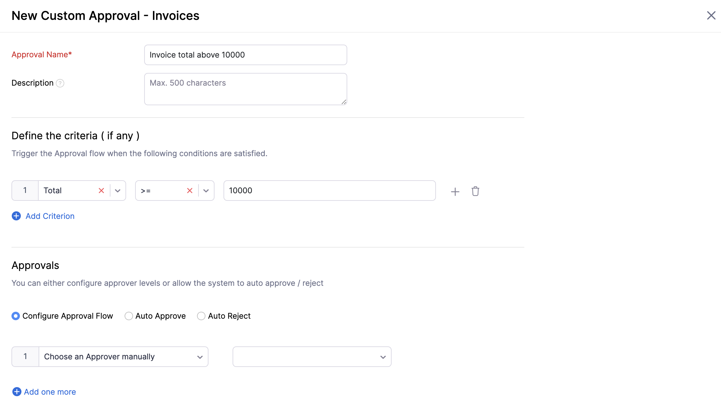 Fill in details in the New Custom Approval page