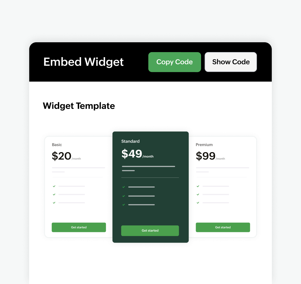 Image displaying the customization and embedding of pricing widgets | Zoho Billing