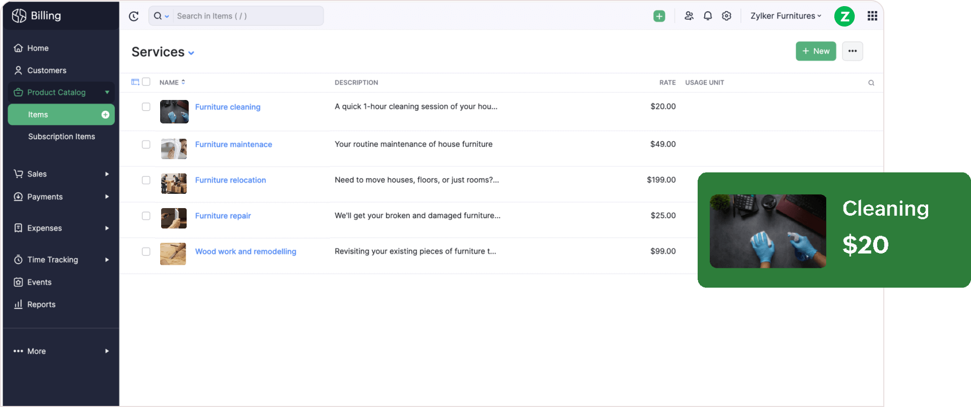 Preview of Zoho Billing's subscriptions overview page