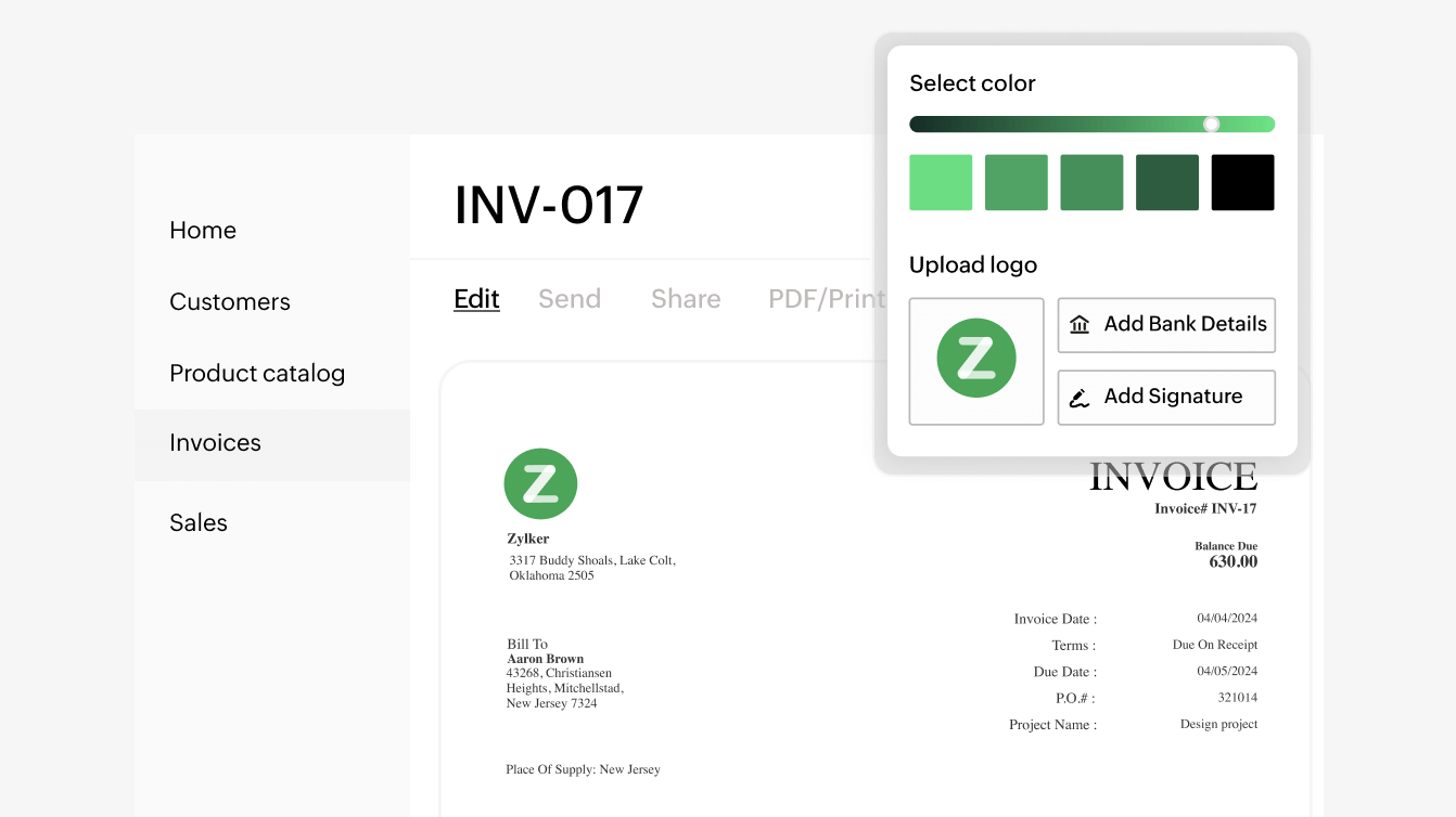 Image displaying customization of an invoice based on the business needs | Zoho Billing Image displaying customization of an invoice based on the business needs | Zoho Billing