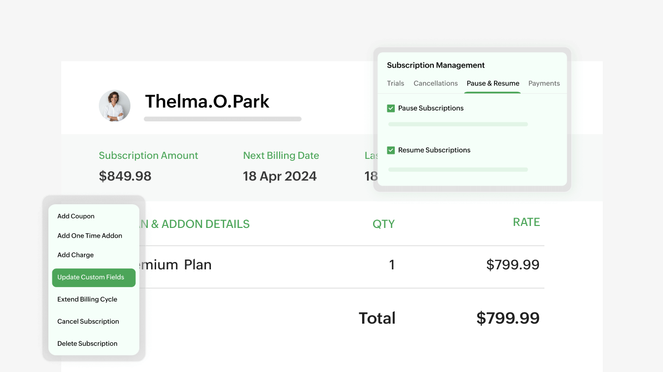 Preview of Zoho Billing's subscription management overview | Zoho Billing
