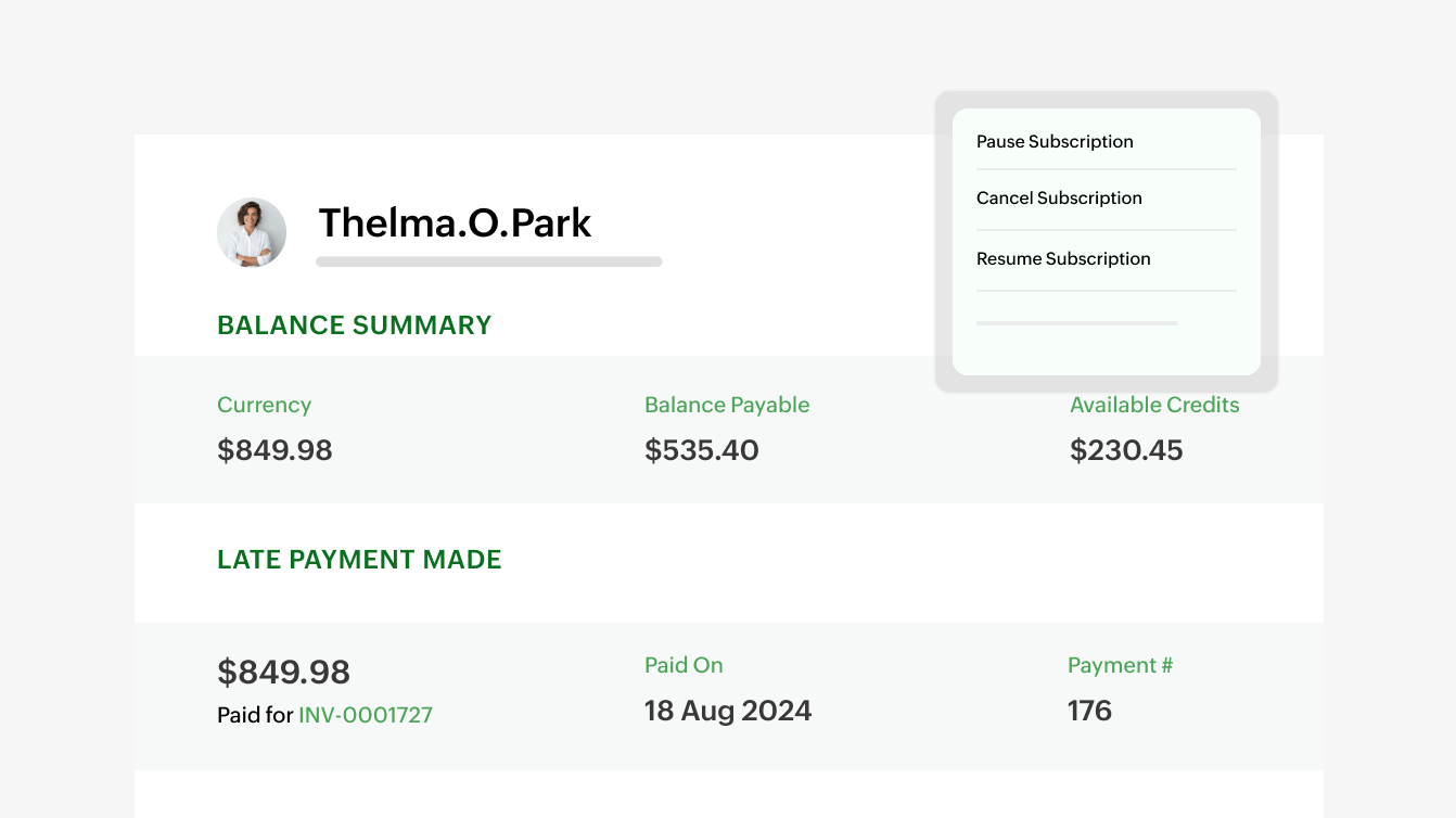 Preview of Zoho Billing's customer portal