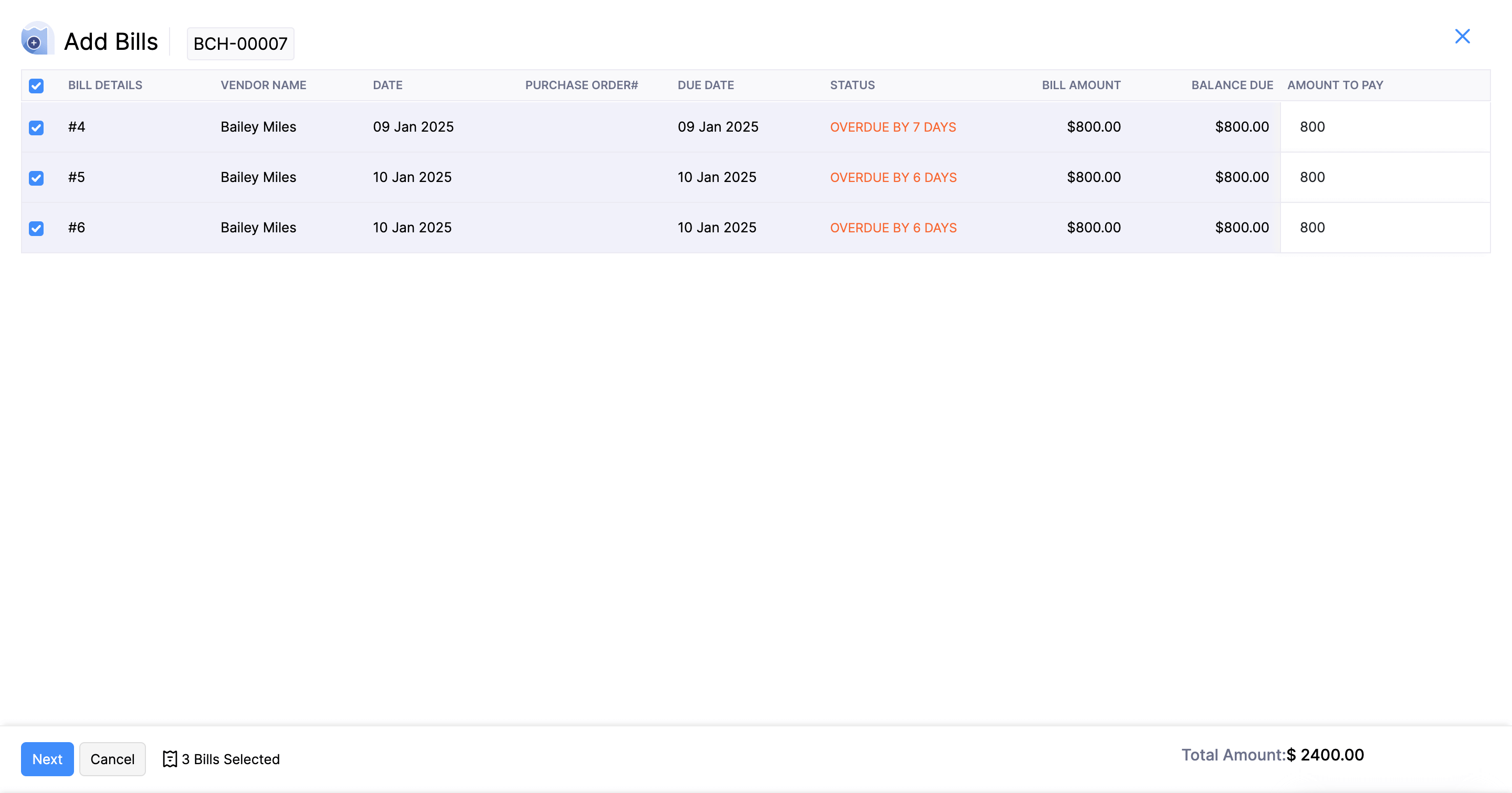 Select the bills to be added to the batch