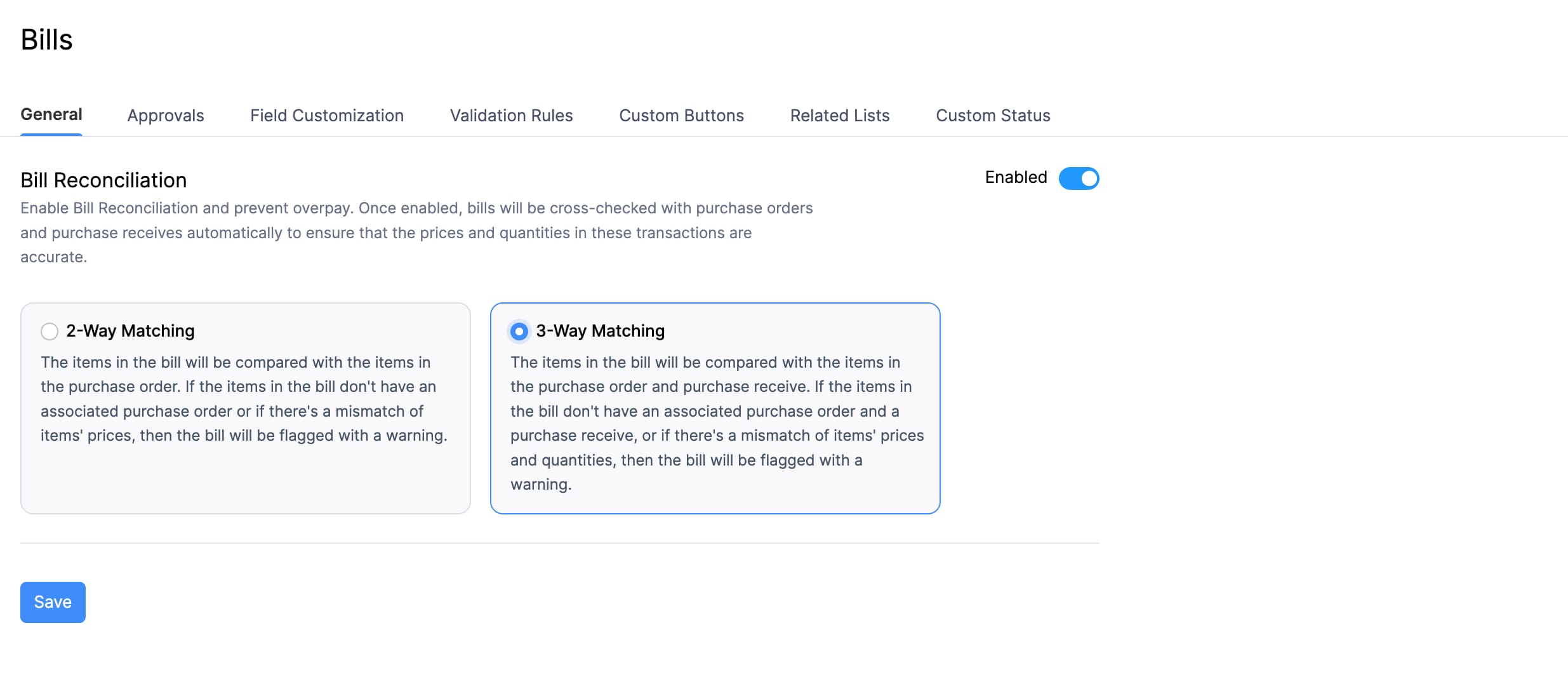 Slide the toggle next to Bill Reconciliation to Enabled