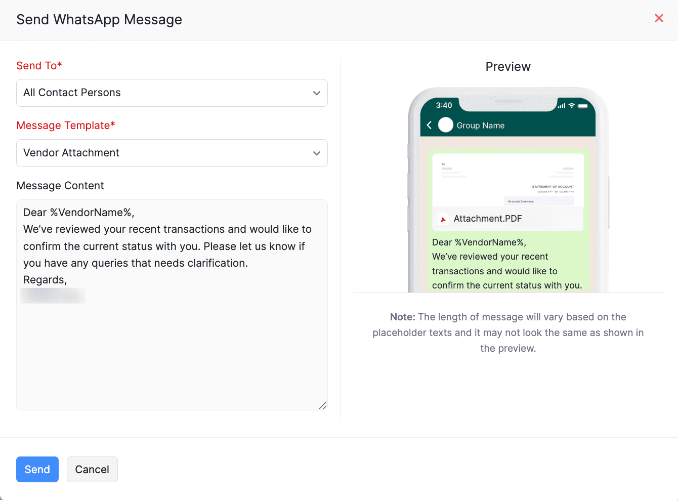 Vendor Notification Bulk Pop-up