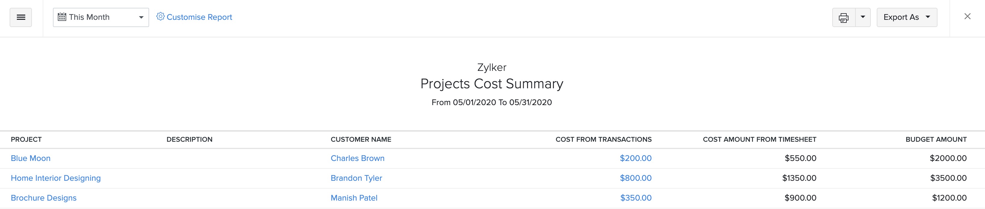 Project Cost Summary Report