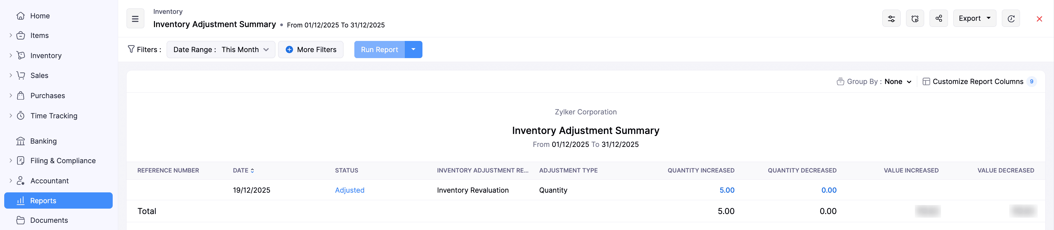 Inventory Adjustment Summary