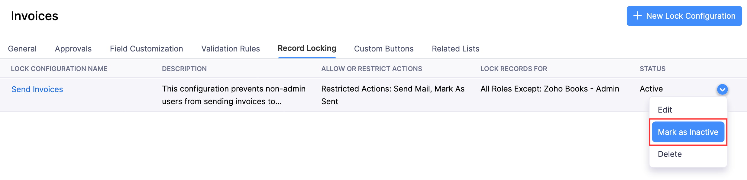The Record Locking tab of a module's Preferences page. Hover a lock configuration, click the dropdown, and select Mark as Inactive to disable a lock configuration.