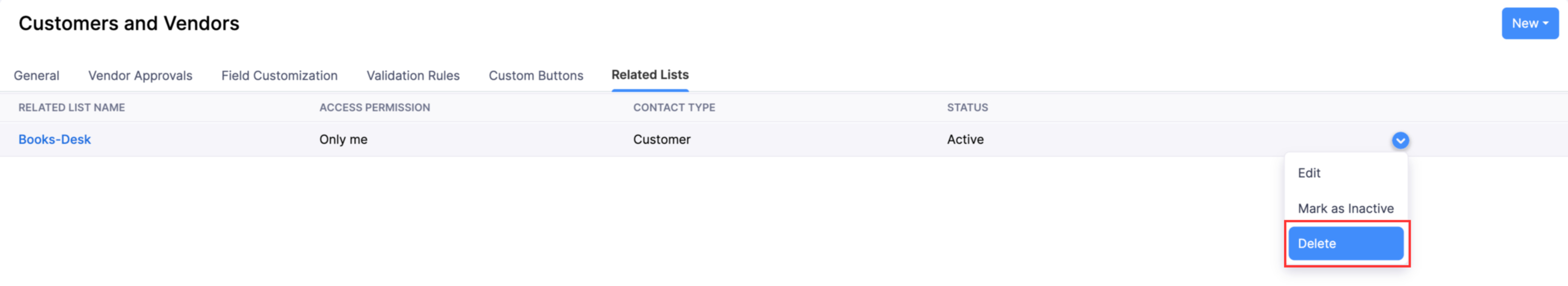 The Related Lists page of a module. Hover a related list, click the Dropdown icon, and select Delete to delete it.