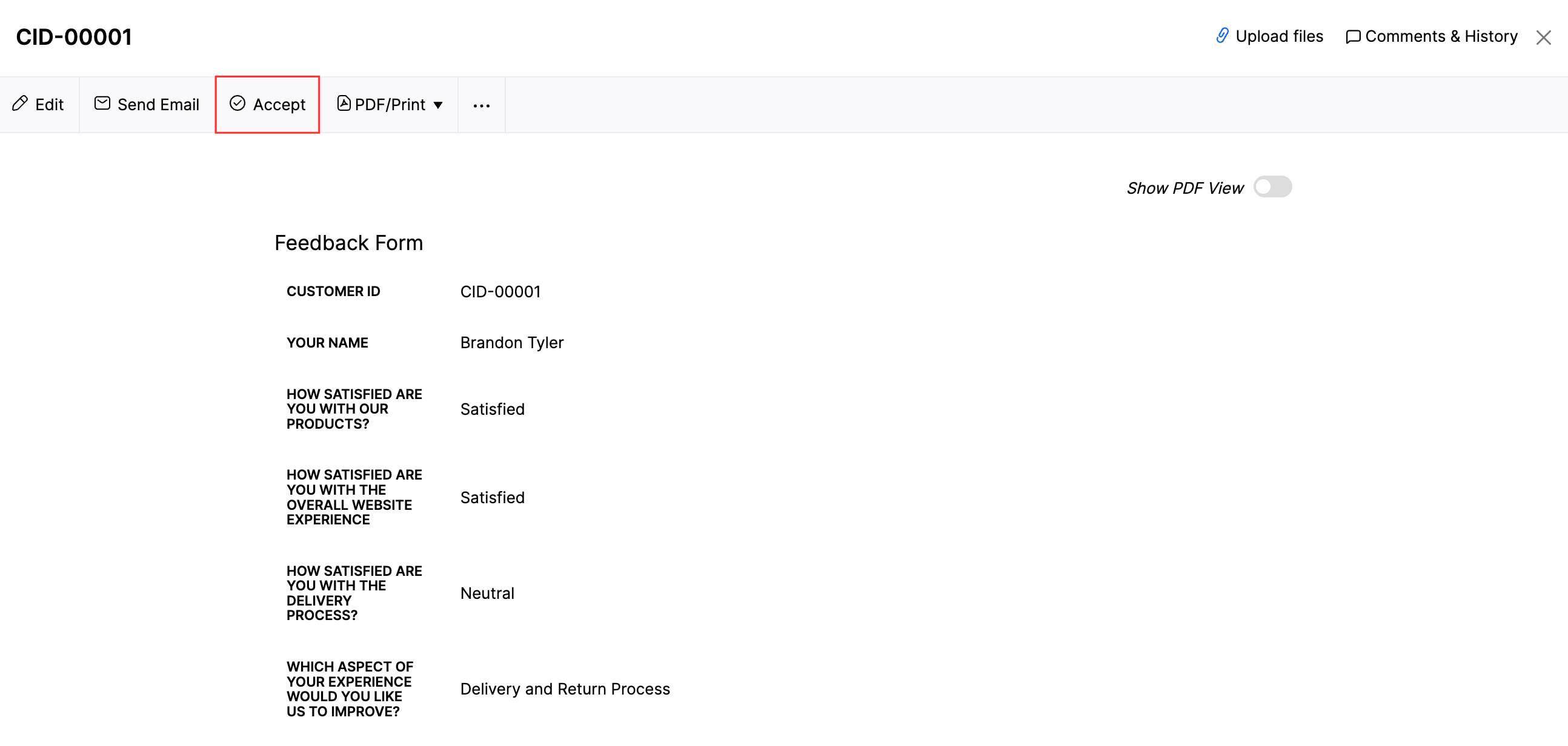 The Detail's page of a submitted form. Click Approve at the top to approve it.