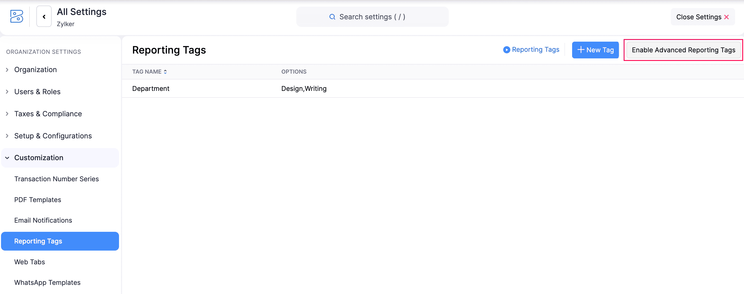 Enable Reporting Tag