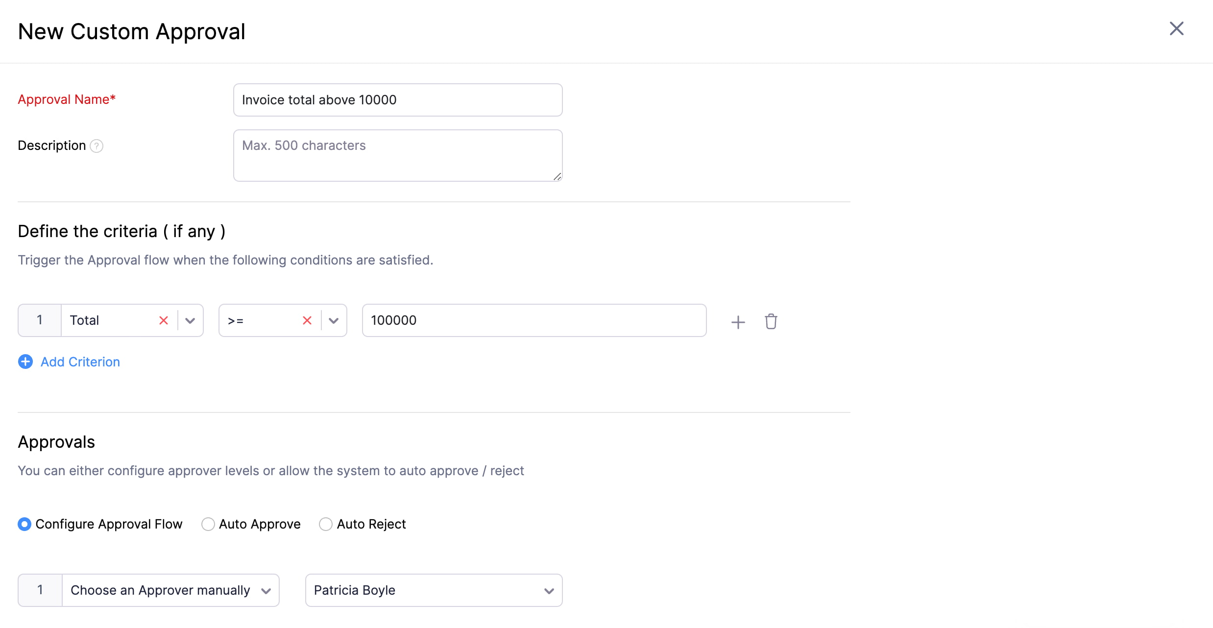 Fill in details in the New Custom Approval page