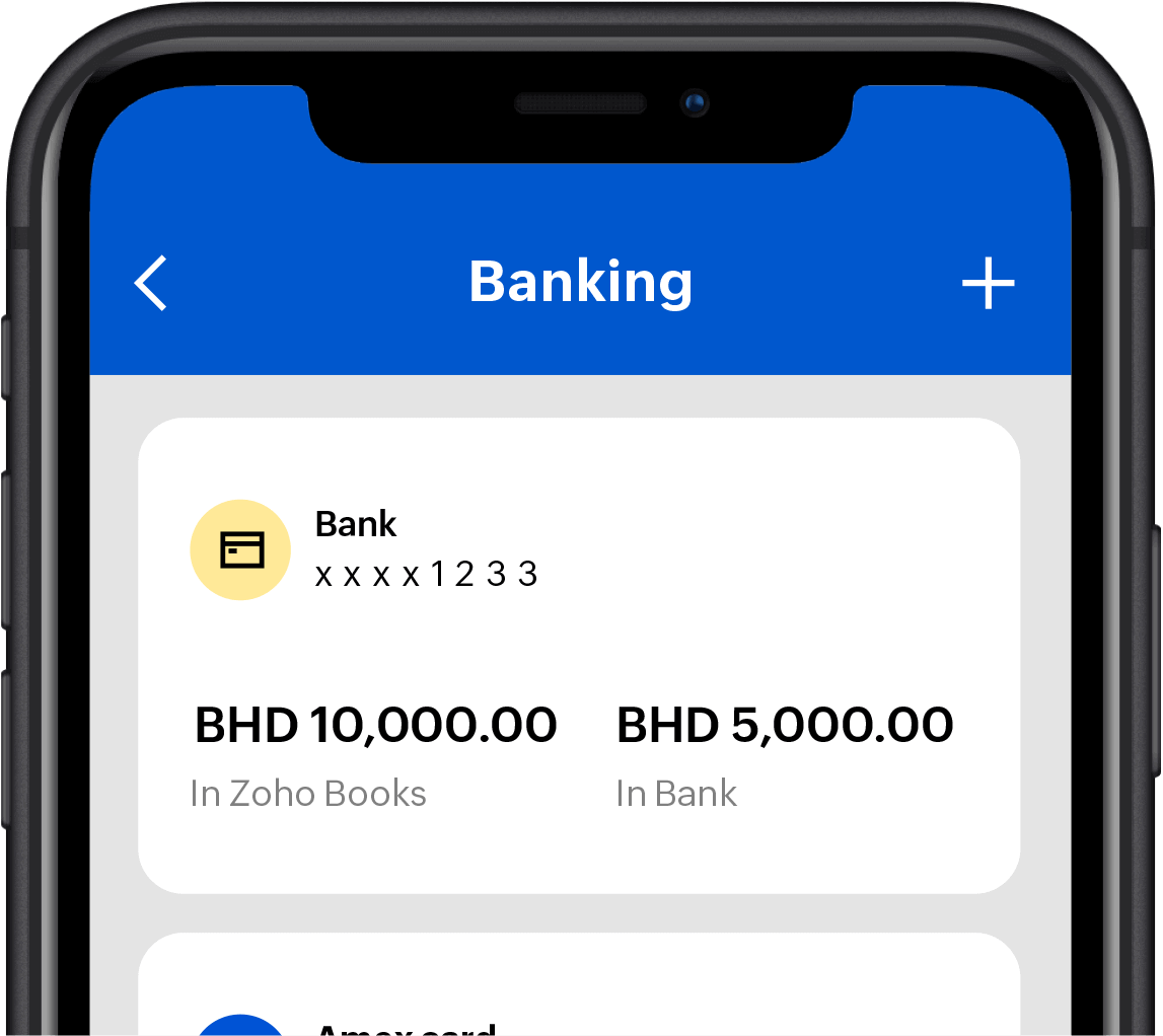 Zoho Books mobile app interface shows the banking module