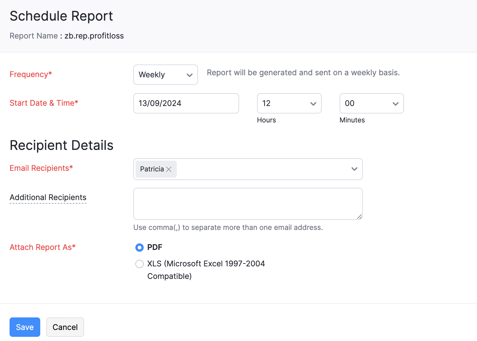 Schedule Report pop-up