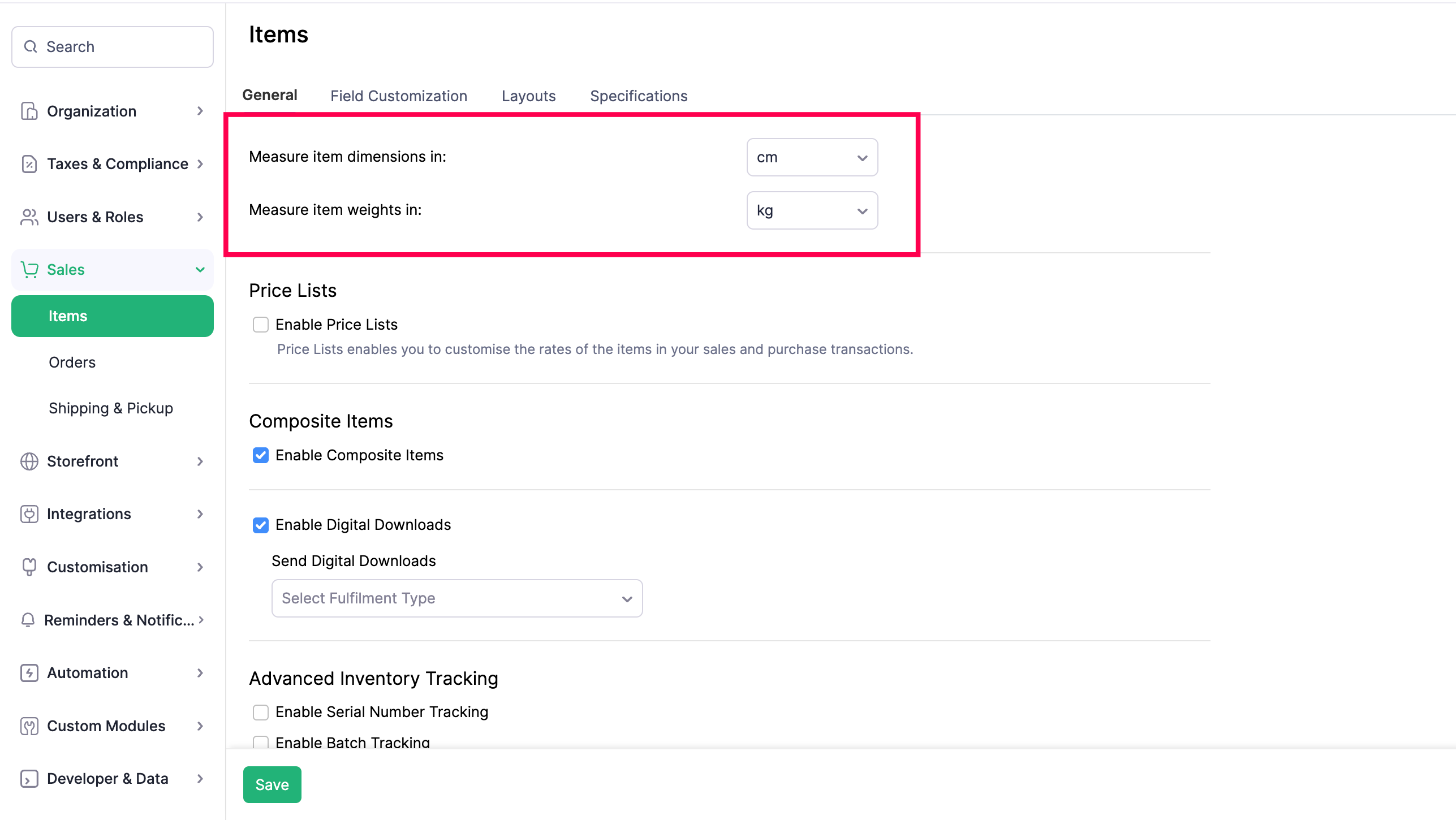 Items Measurement Units