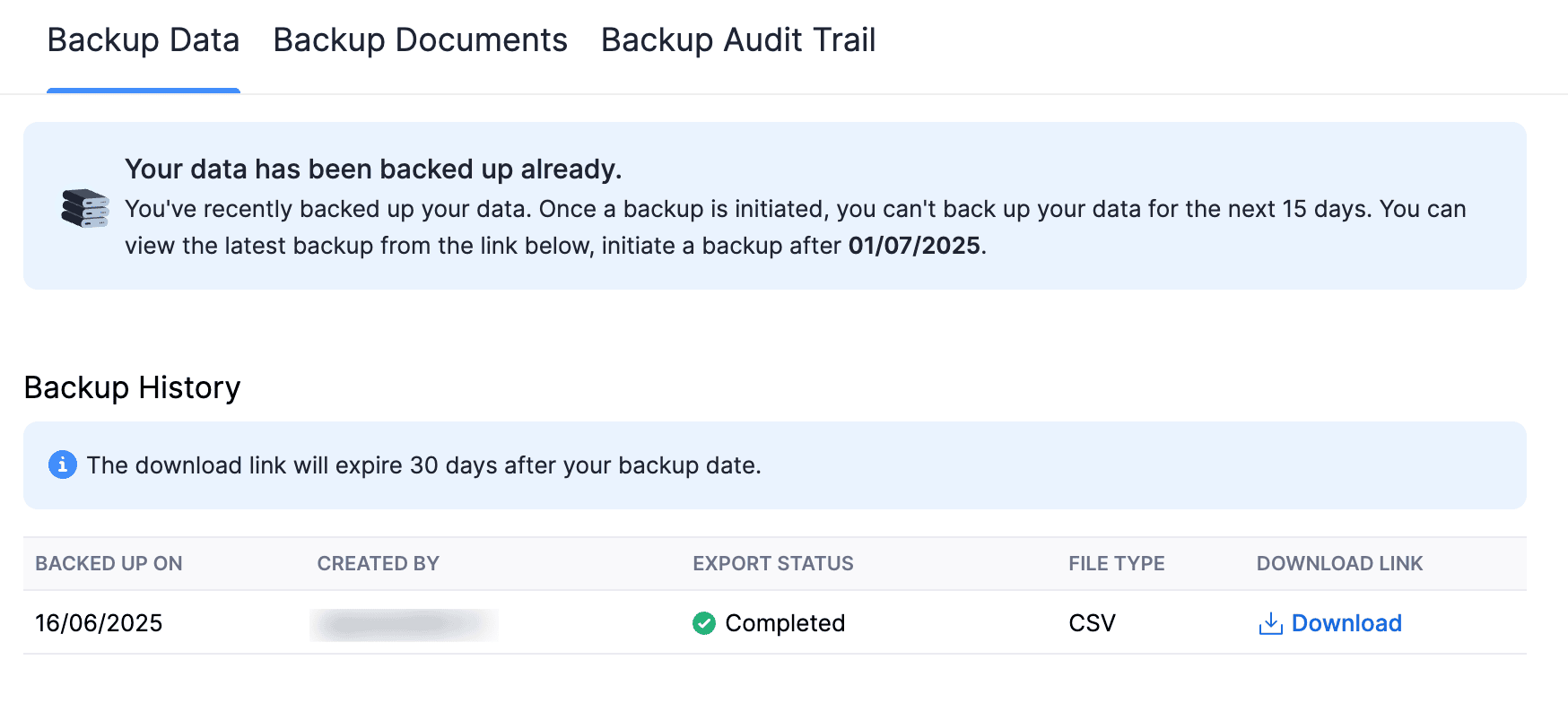 Data Backup Completion