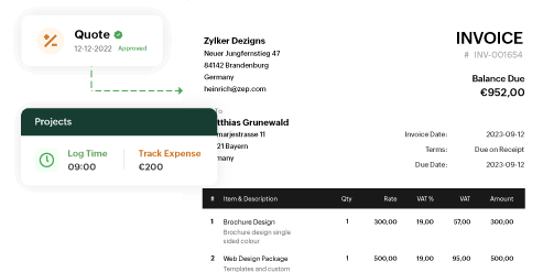 Zoho Billing interface displaying a detailed invoice with QR code for payment, itemized listing of sofa and chair with tax breakdown, and a project summary showing 2 hours of logged time and tracked expense.