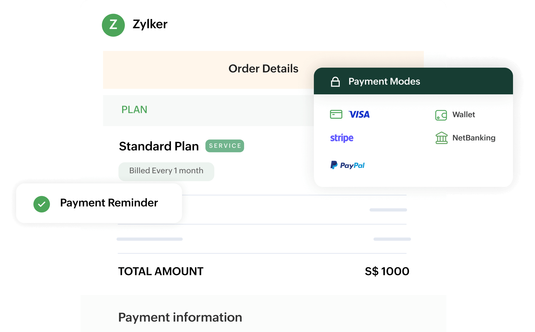 Preview of Zoho Billing's order summary and the multiple payment gateways and modes supported