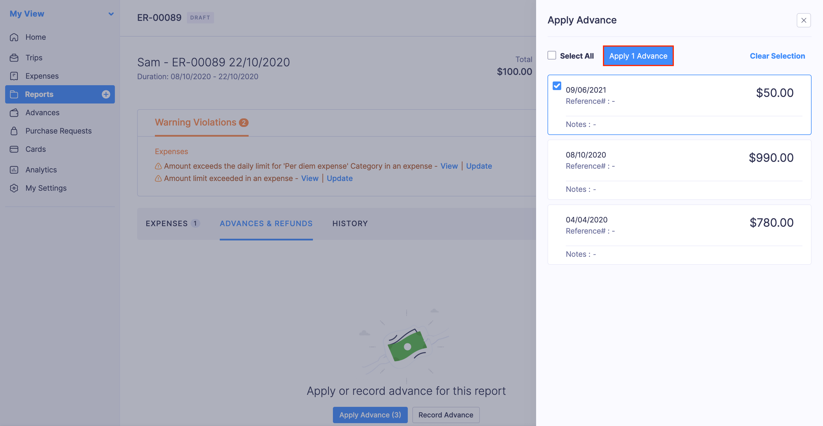 Apply Advances to Reports
