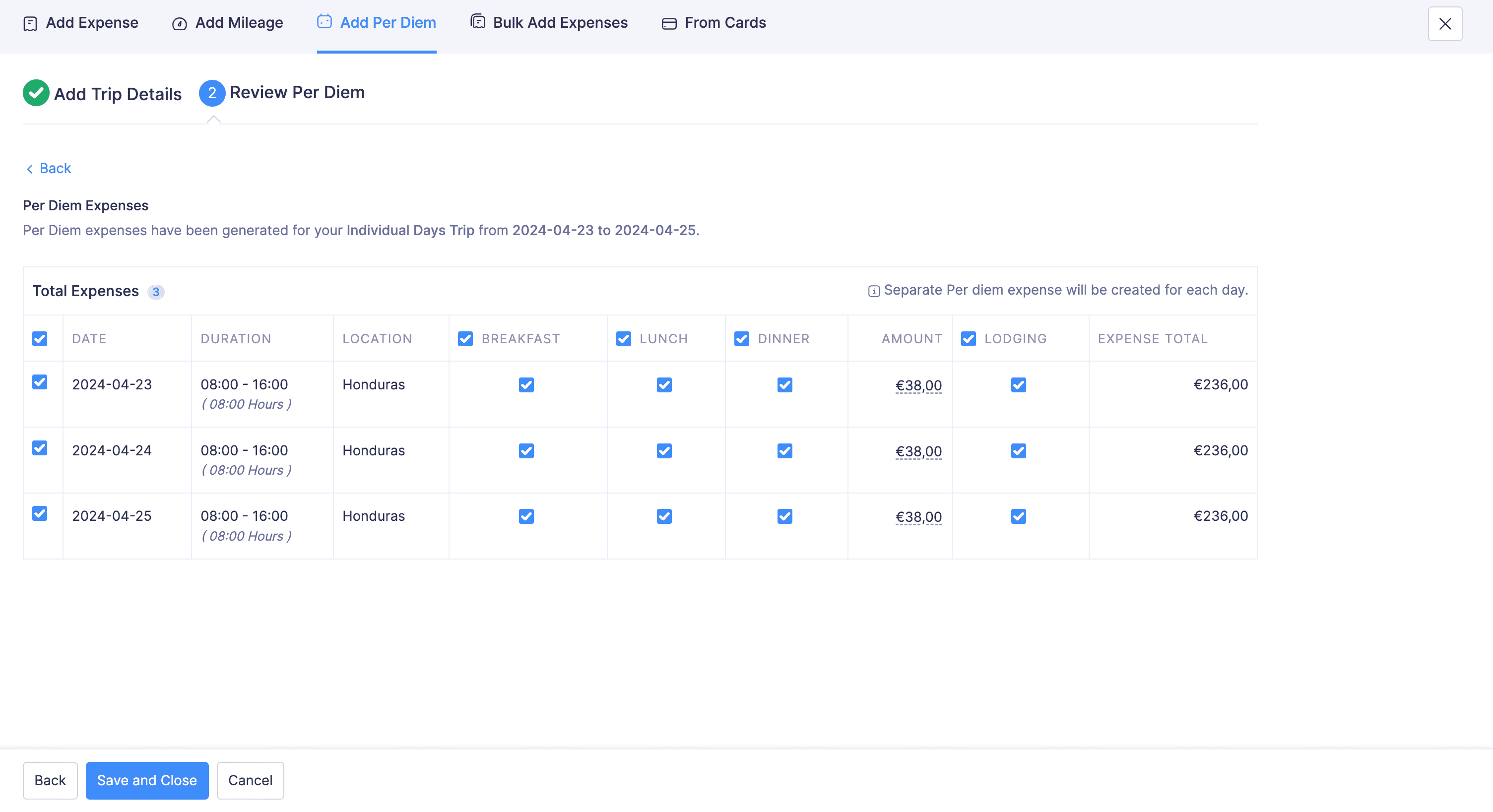 Choose per diem based on idvidual days