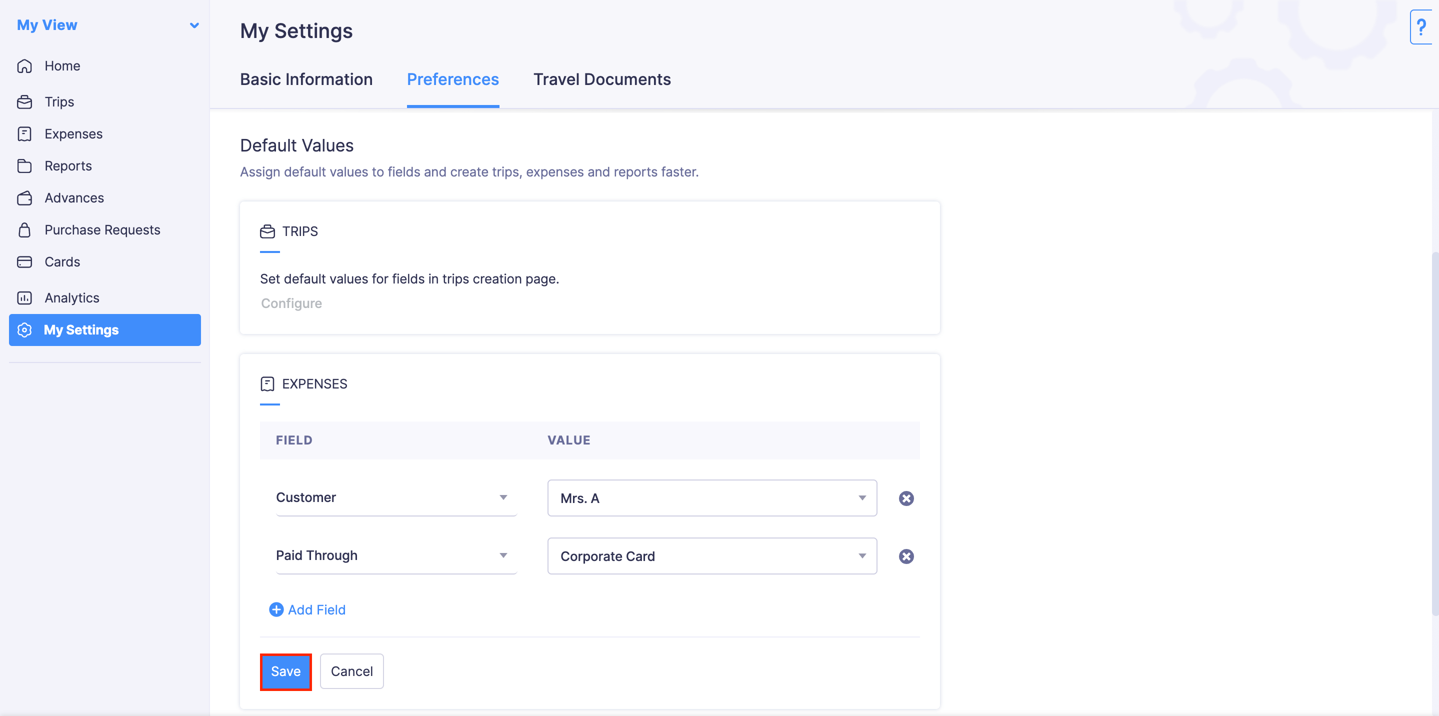 Set Expense Default Values