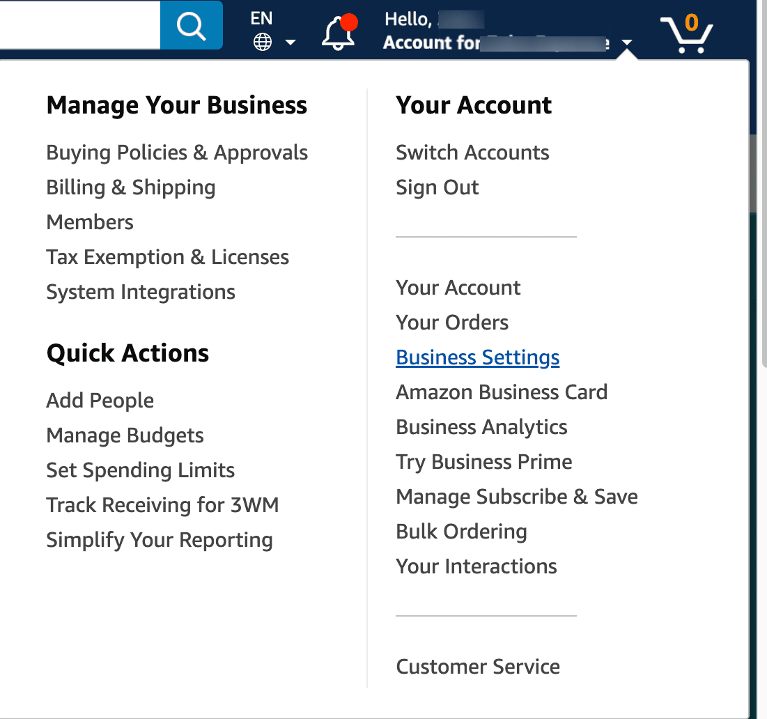 Business Settings Dropdown
