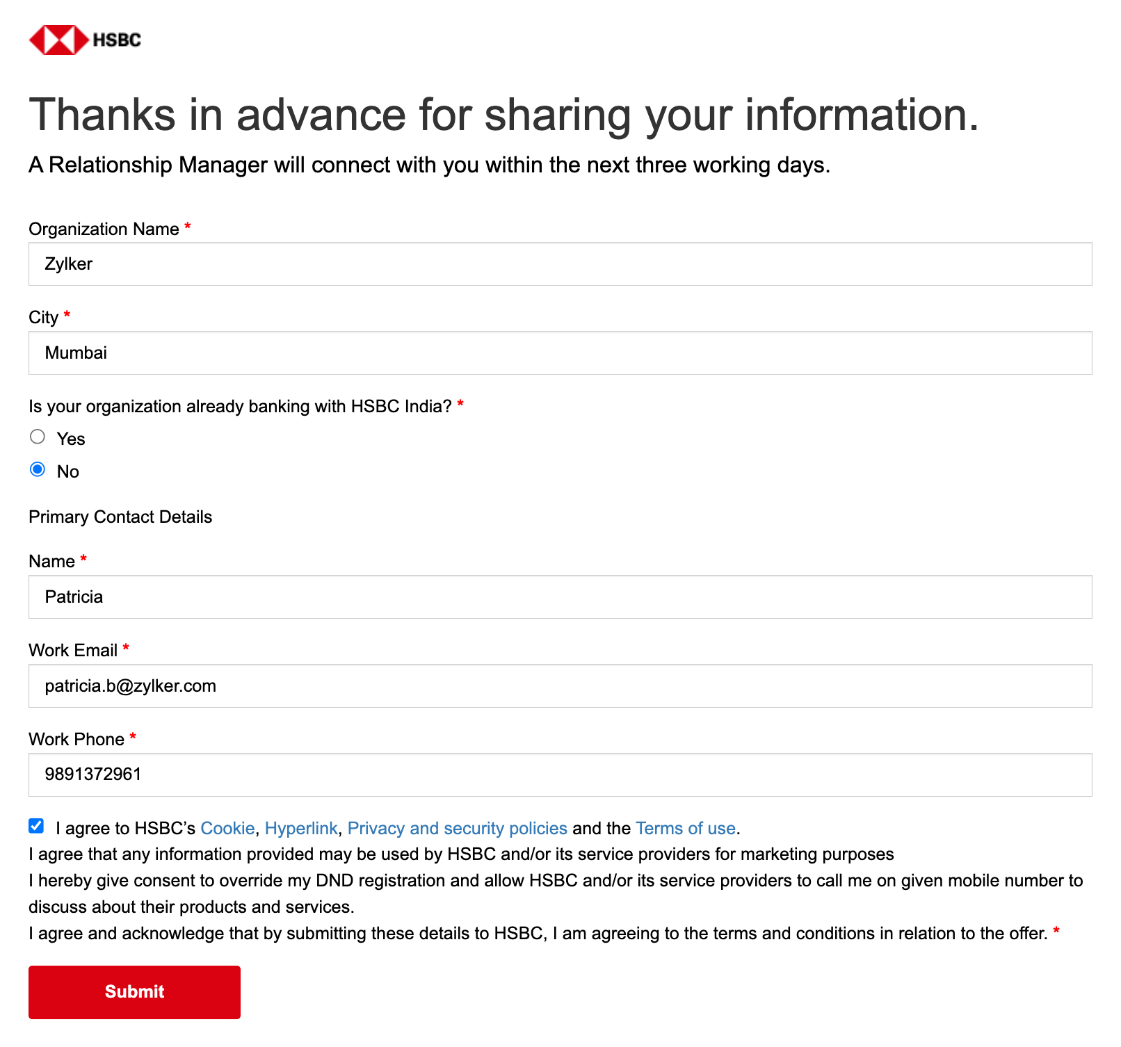 HSBC Contact Form