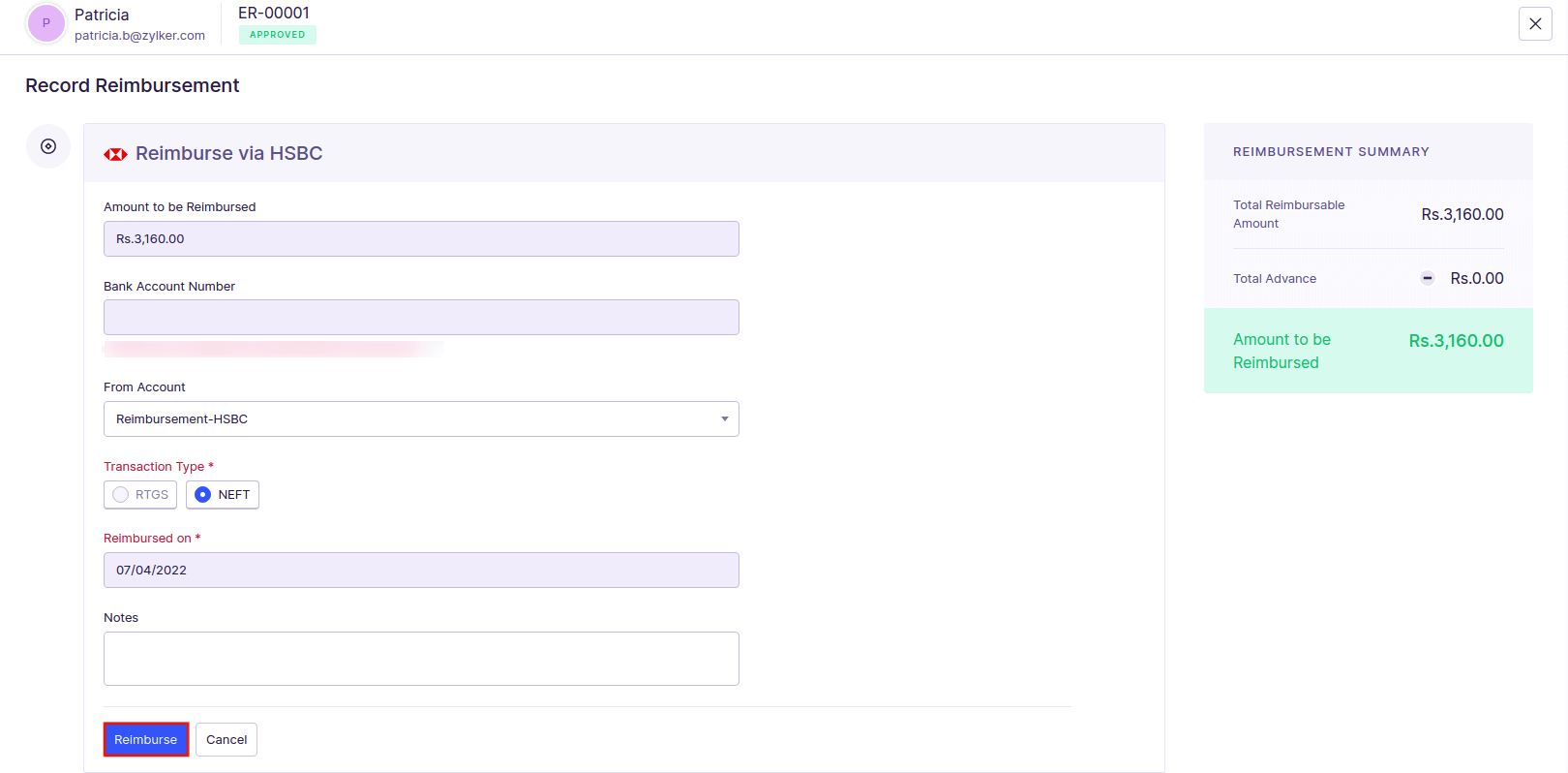 Reimburse Reports through HSBC
