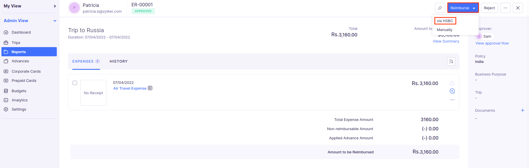 Reimburse Reports through HSBC
