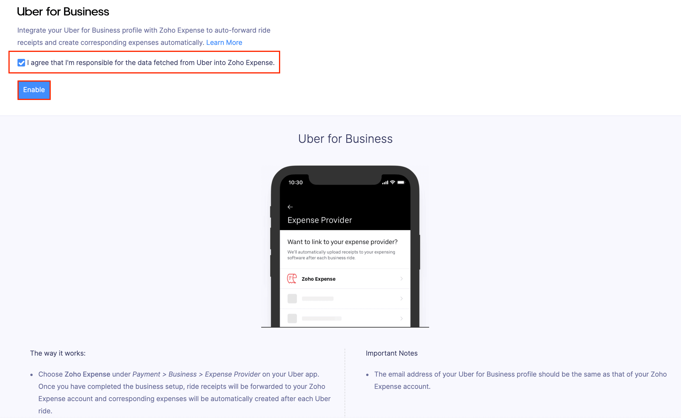 Uber for Business Integration in Zoho Expense