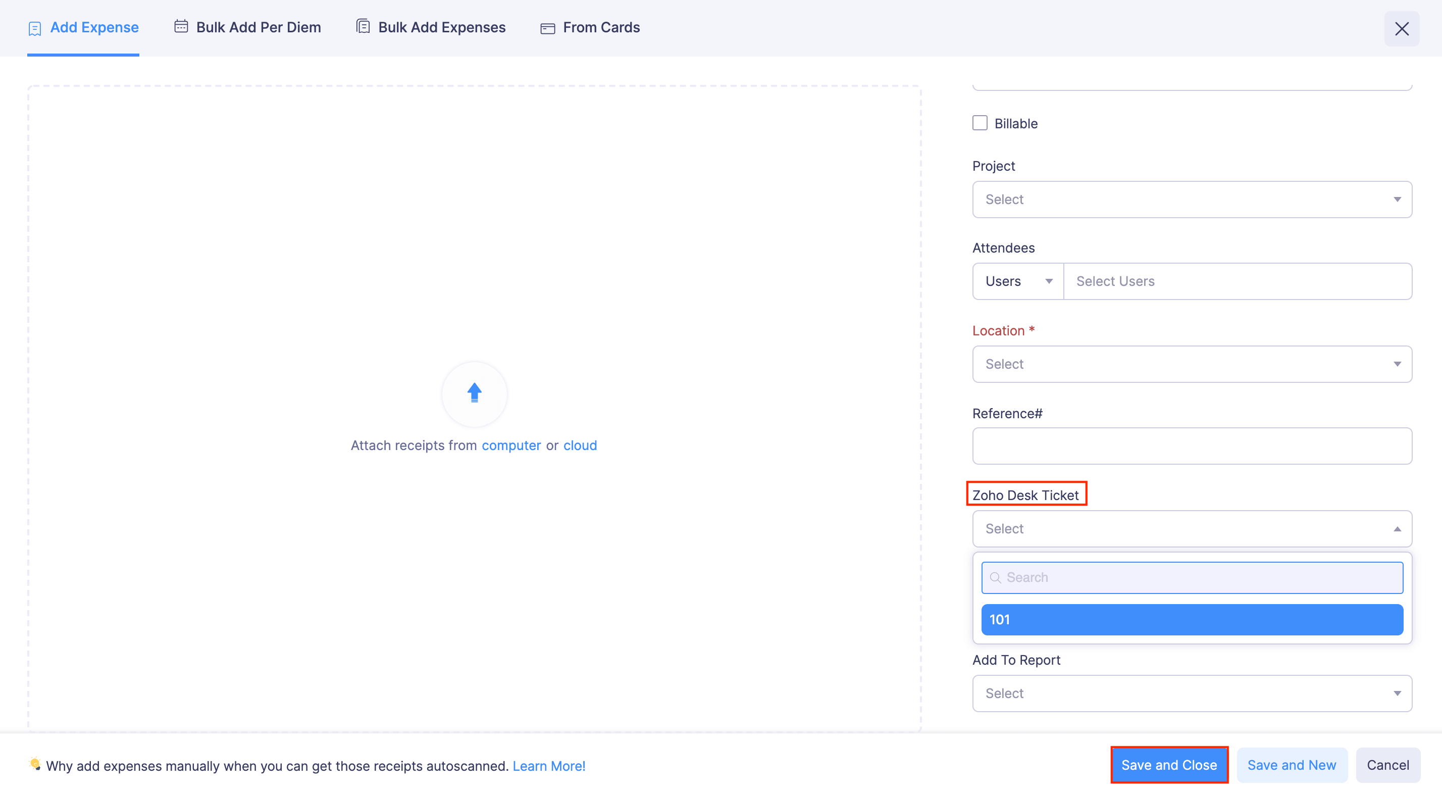 Associate Ticket in Expense creation page