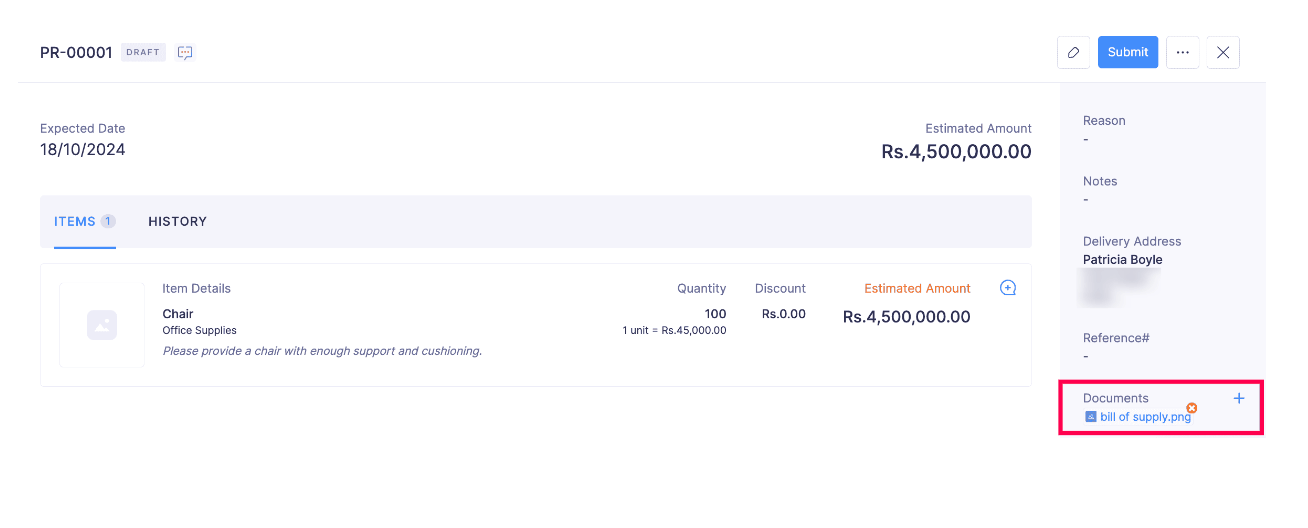 Delete document attached to purchase request
