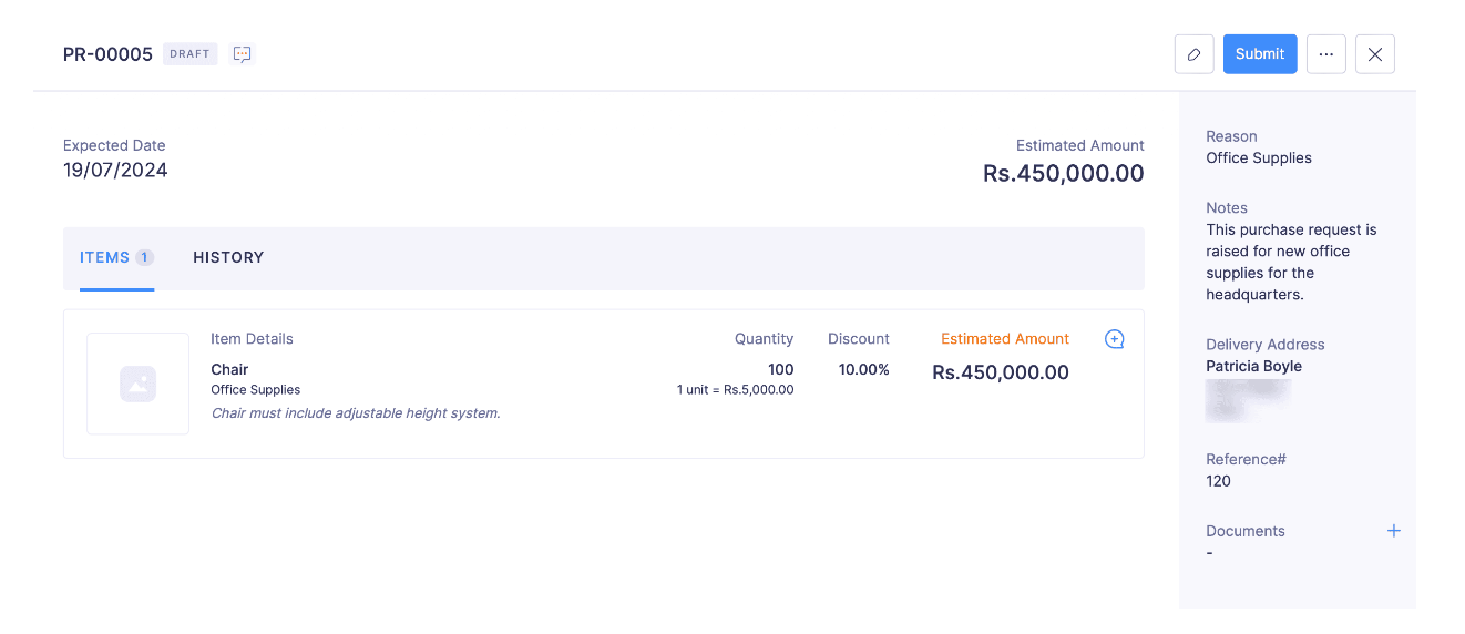 Purchase Request saved in draft status
