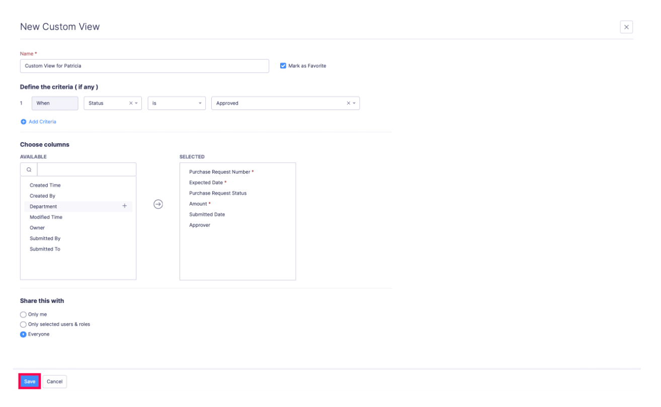 Custom View for Purchase Requests