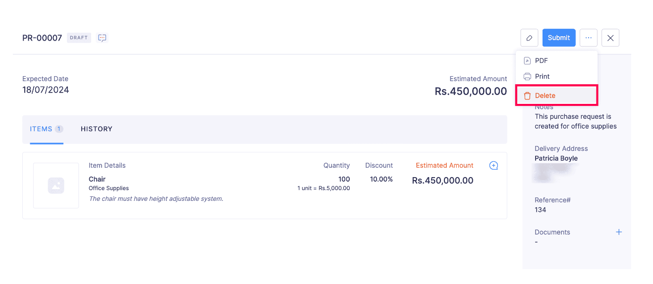Delete a Purchase Request