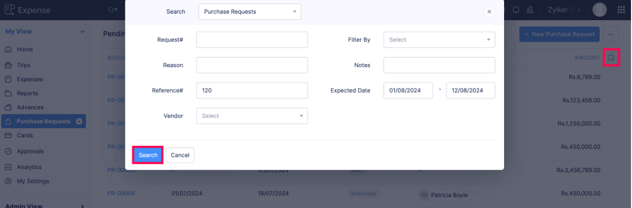 Search a Purchase Request