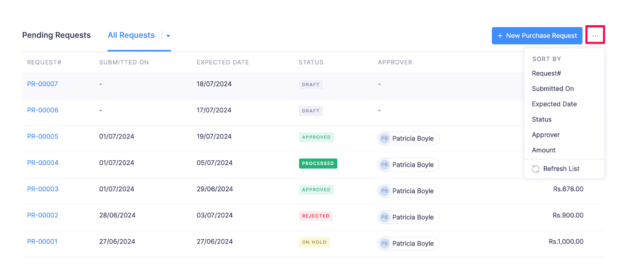 Sort Purchase Request