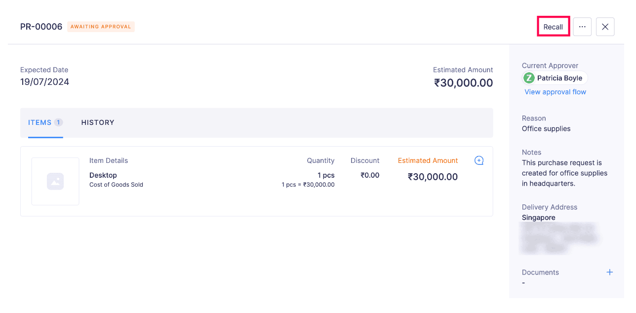 Recall a Purchase Request