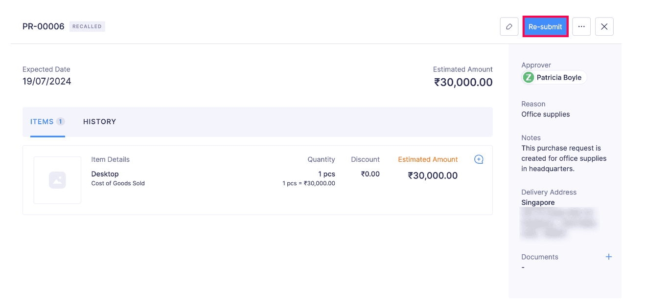 Re-Submit a Recalled Purchase Request