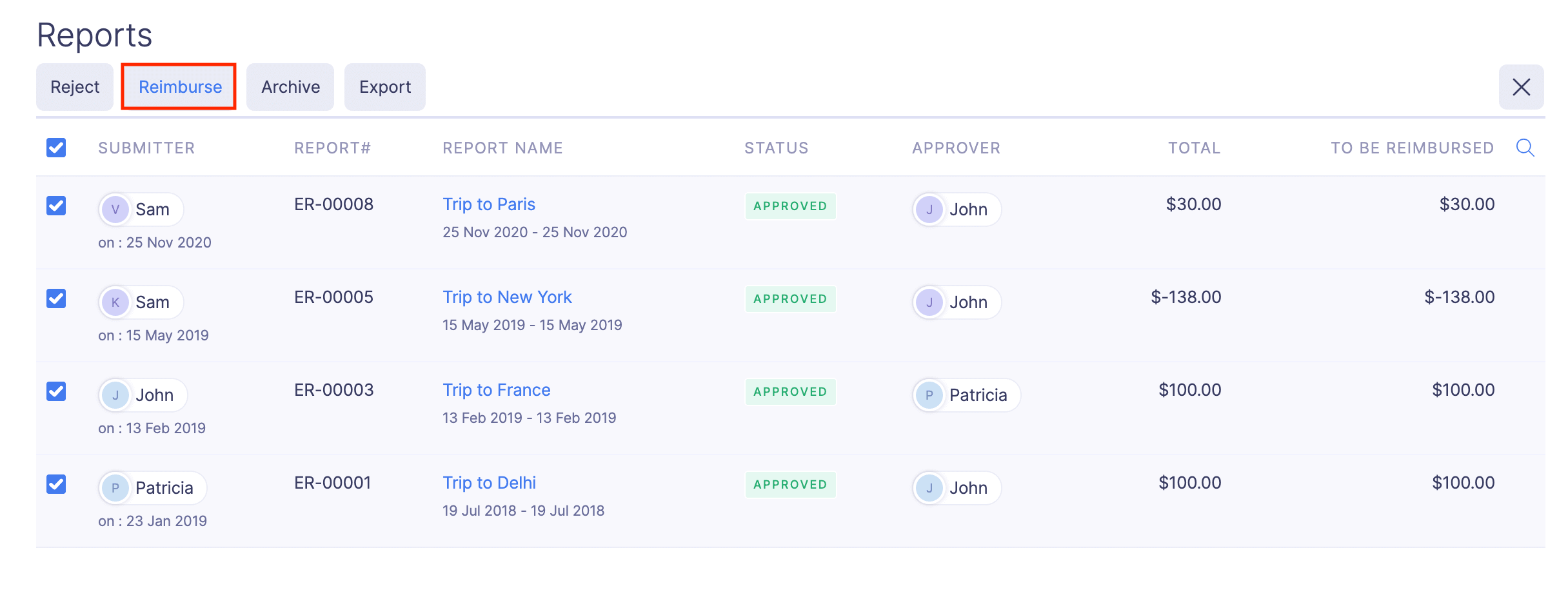 Reimburse Reports in bulk